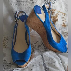 Nice! Nine West Chabon Blue Leather Cork Wedges